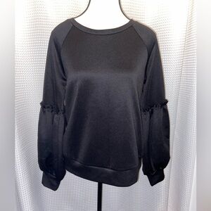 Women’s Halogen Black long wide ruffled sleeves stretchy crewneck size Small